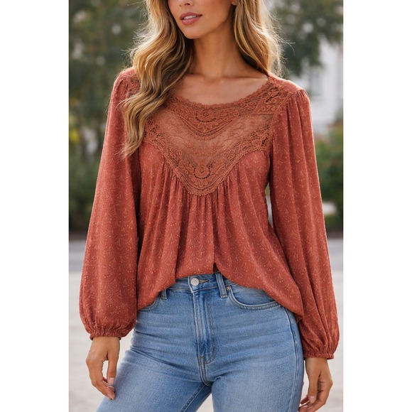 Vici Tops - Vici Lace Inset Babydoll Blouse Womens Sm Rust Geometric Print Boho Peasant Top